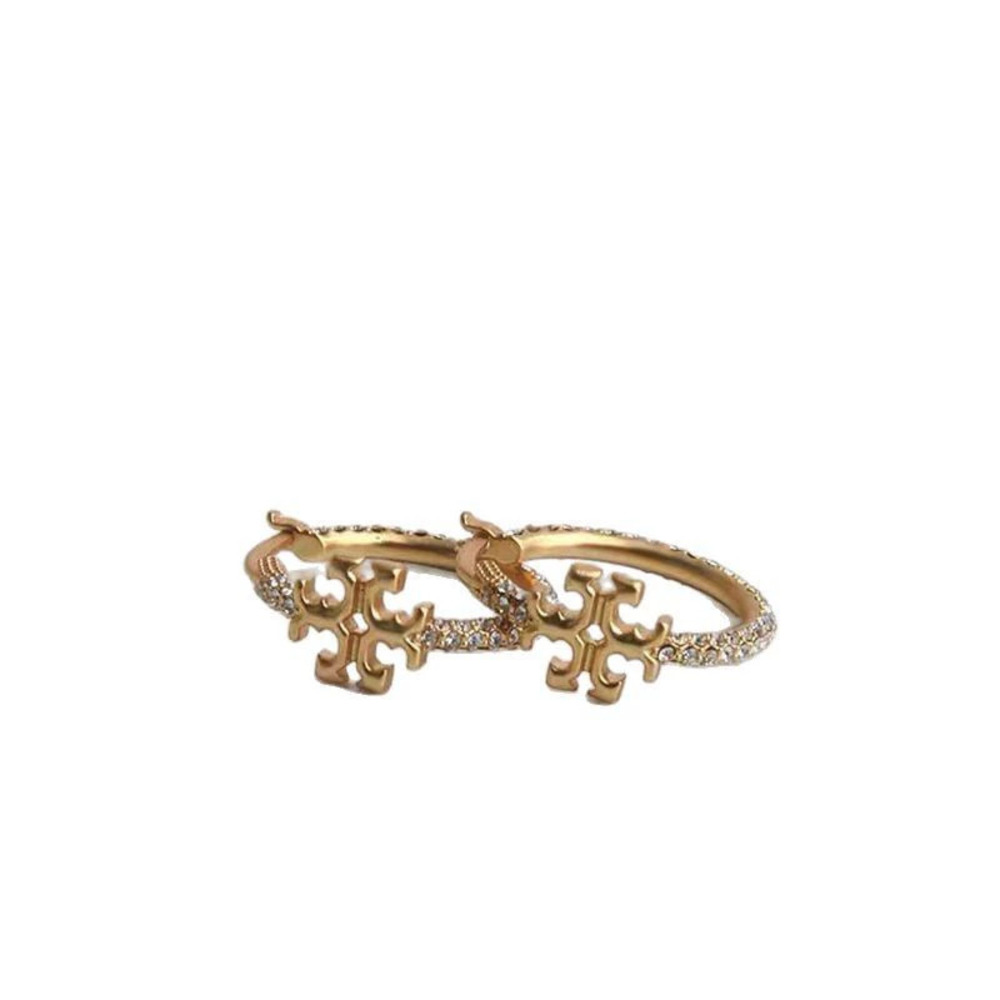 Tory Burch Gold Plated Double Pave Hoop and Cross Stud Earrings Set - Picture 5 of 7